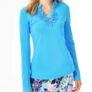 Lilly Pulitzer, Frida LS Flower Polo UPF NWT (Color: "Zanzibar Blue")